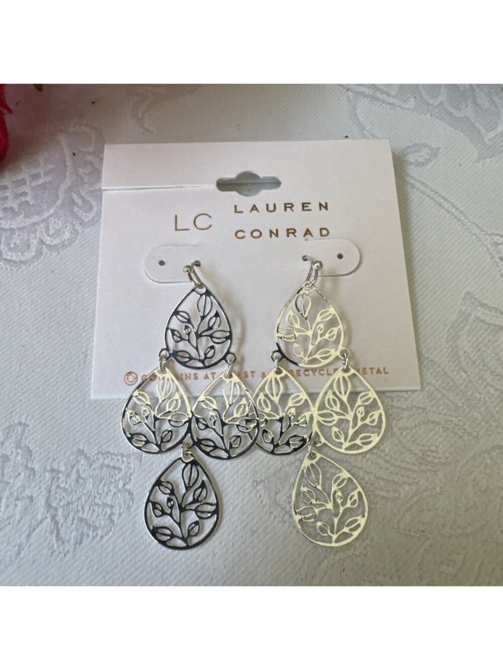 LC Lauren Conrad Earrings Filigree Tree of Life Silver Tone Dangle 2" NEW